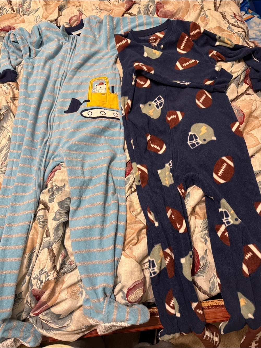 Carter's Navy Football & Light Blue Bulldozer Footed Pajamas